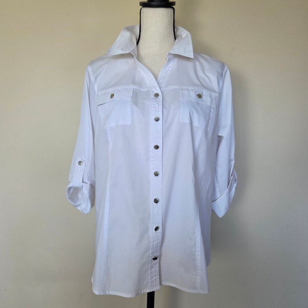 NWT Christopher & Banks L White Button Front 3/4 Roll Tab Sleeve Blouse Top